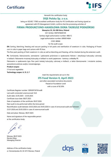 Certyfikat Dora IFS Food 2025